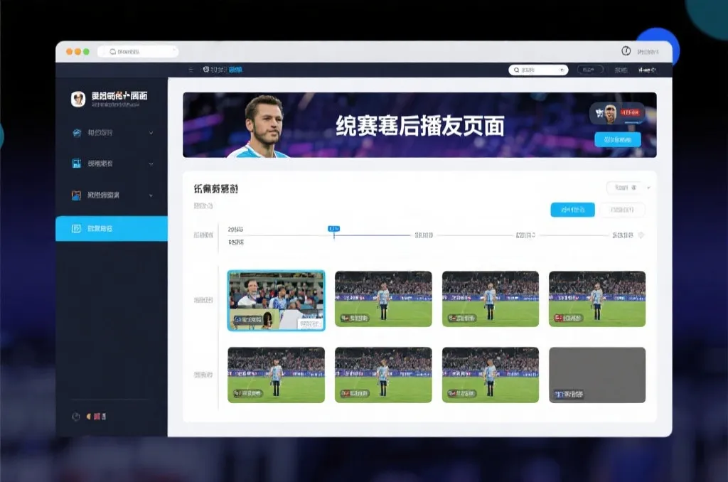 比赛结束后，电视屏幕展示集锦回放页面，旁边有时间轴和多角度切换提示